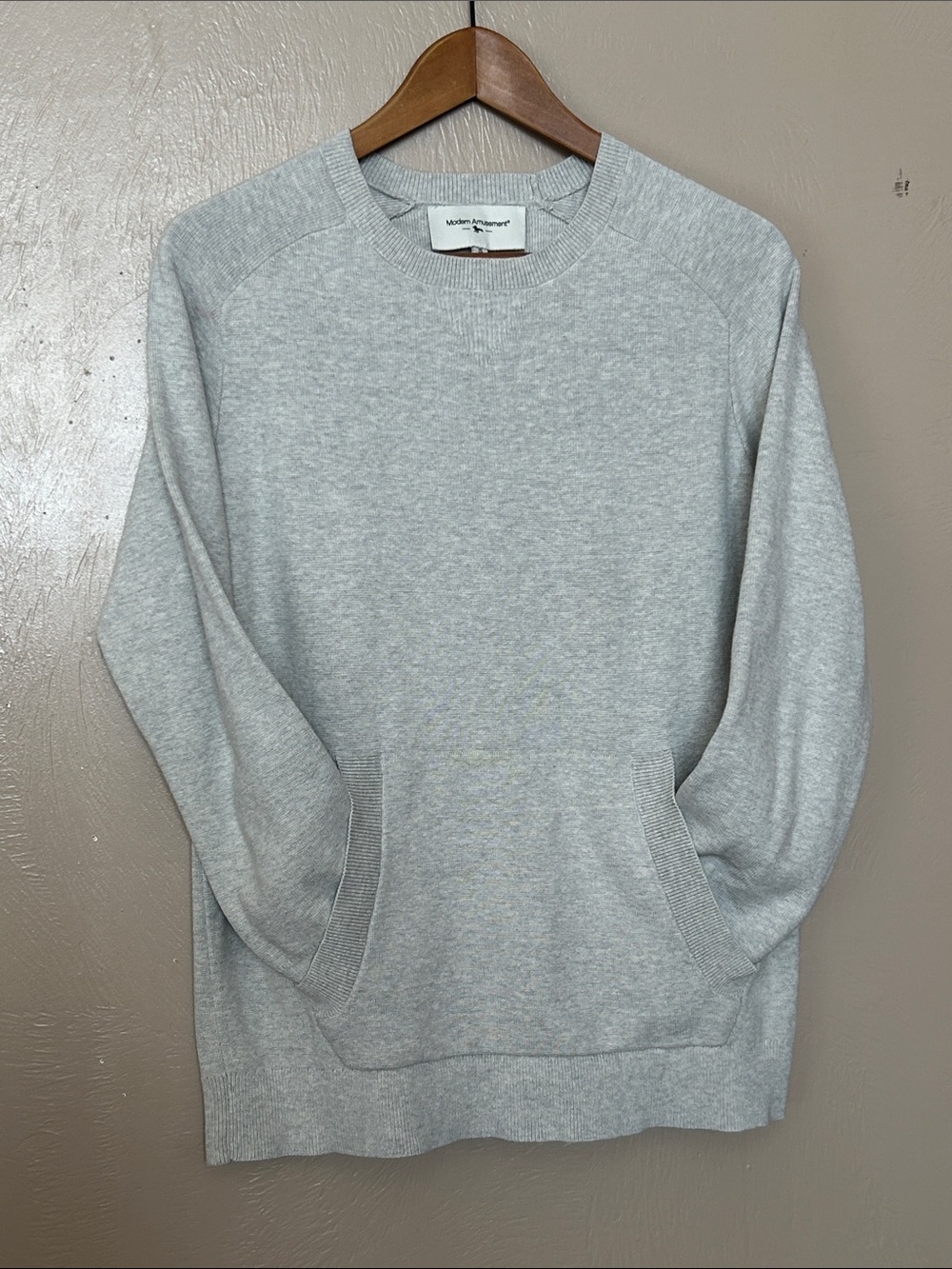 Modern Amusement Light Gray Crewneck Sweater. Kangaroo Front Pocket. Size Small.